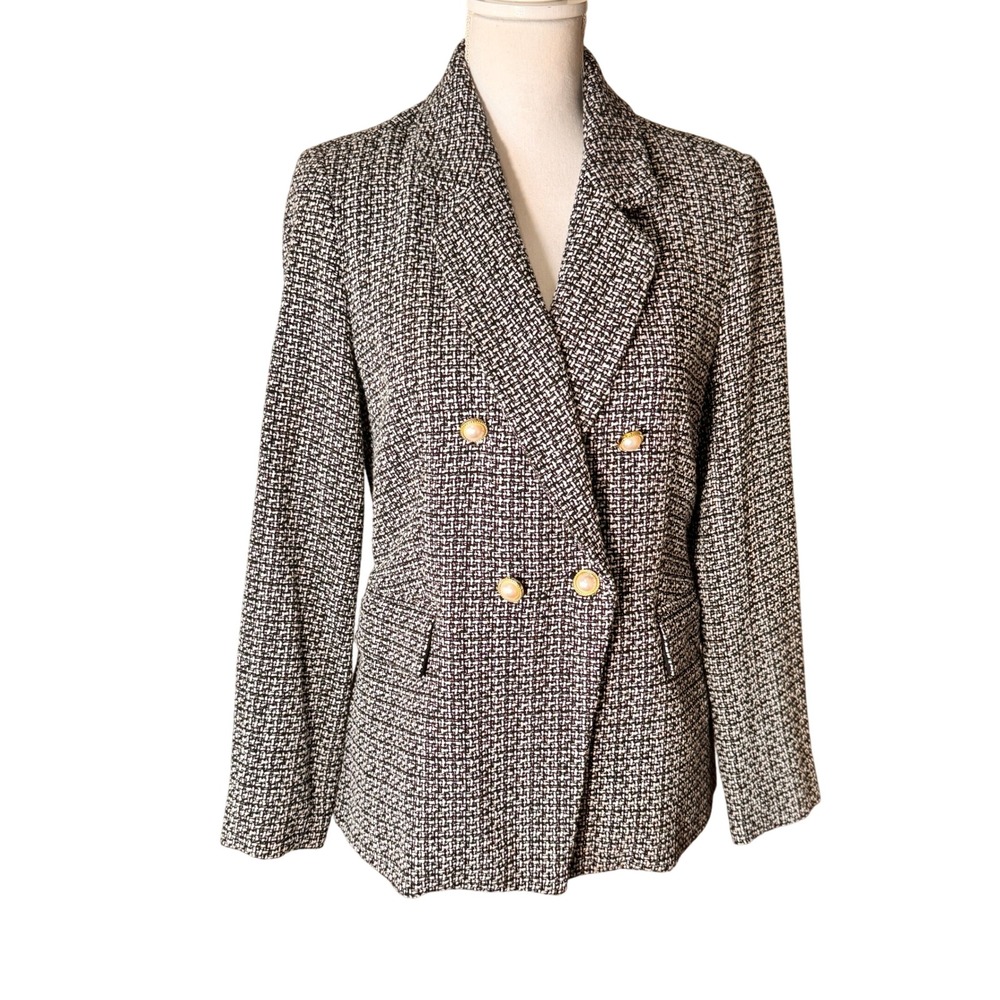 Nanette Lepore Women's Black White Tweed Double Breasted Pearl Button Blazer S